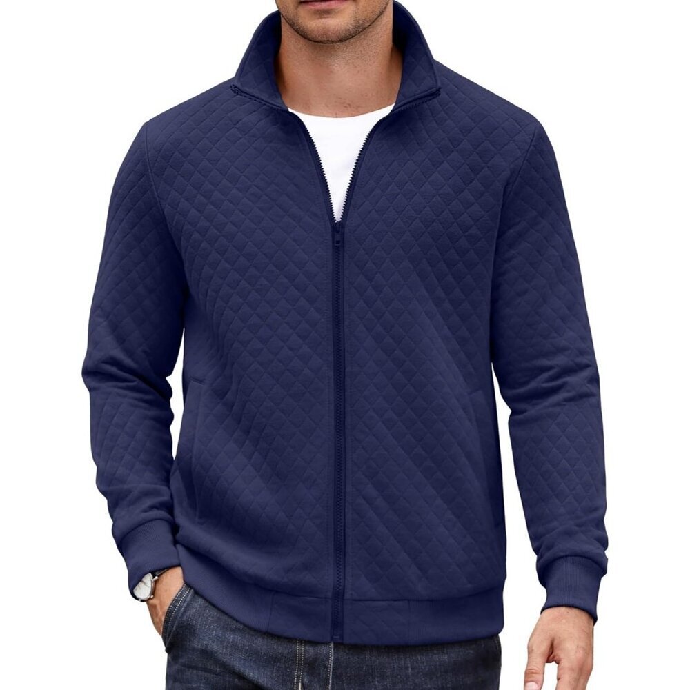 Coofandy Men Navy Blue Zip Up Mock Neck Quilted Lightweight Sweater Jacket